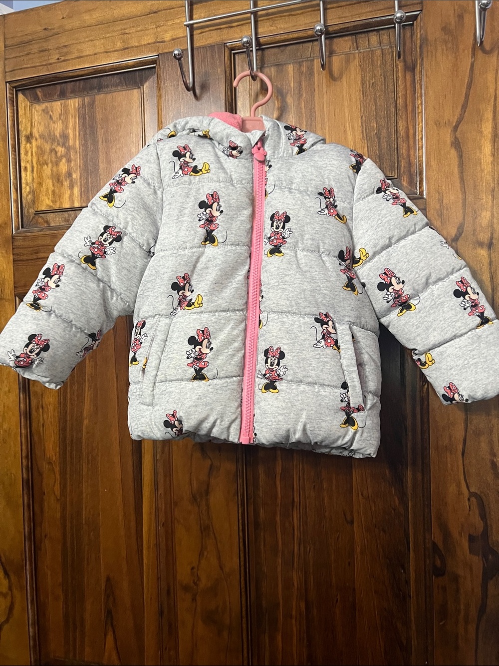Disney Gray Minnie Mouse Puffer Jacket with Pink Trim